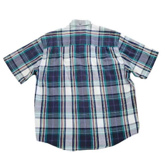 Eddie Bauer Vintage Men Large Blue Cotton Button Down Plaid Short Sleeve Shirt - Picture 2 of 5